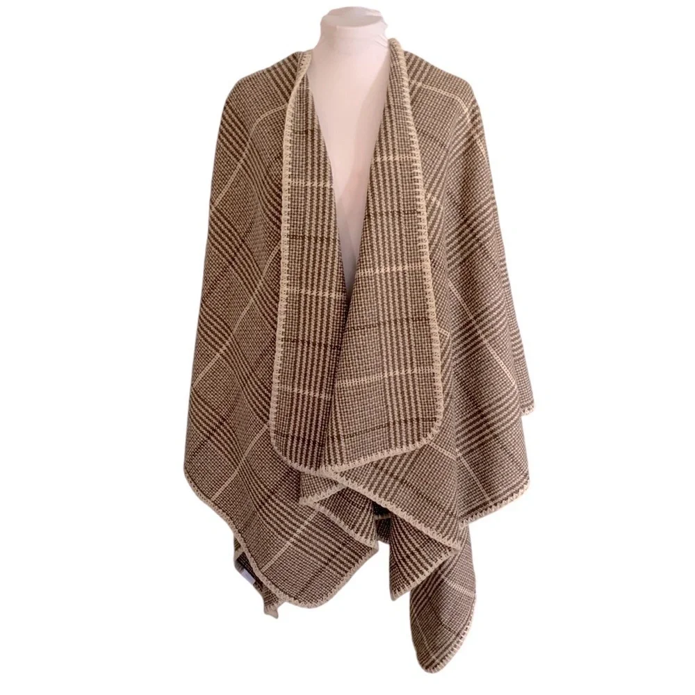 Chic Cozy Soft Neutral Brown Cream Shepard Plaid Cape Blanket Shawl OS